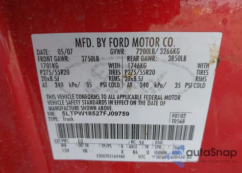 2007 Lincoln Mark Lt z USA, uszkodzony, nr VIN 5LTPW18527FJ09759